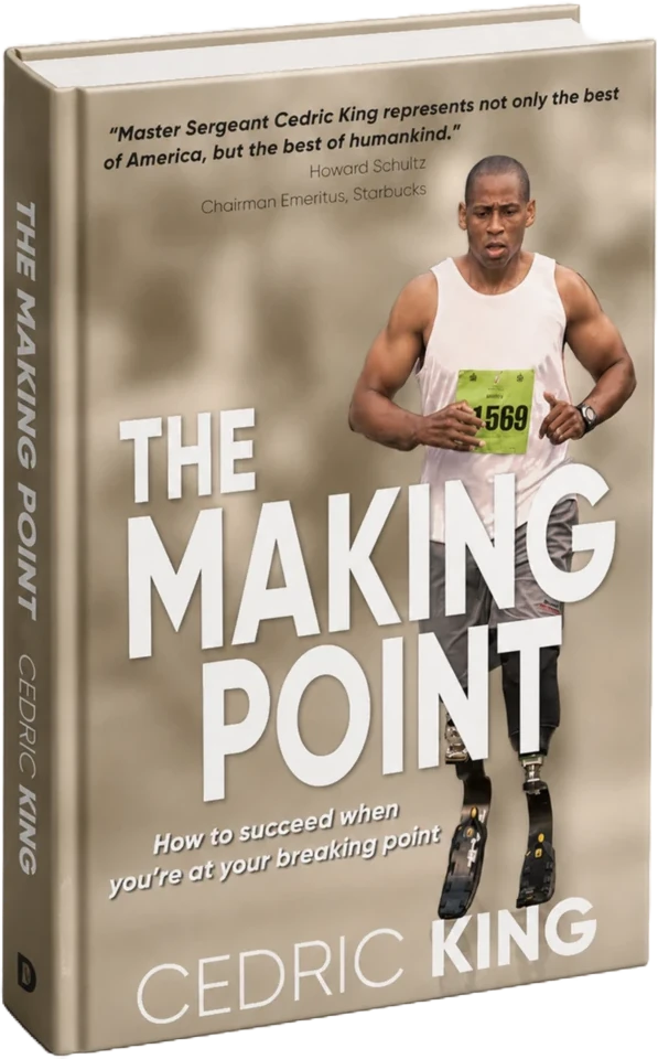 Hardcover edition of The Making Point by Cedric King, showing him running a marathon on prosthetics